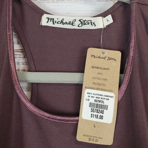 Michael Stars Midi Dress L Burgundy Foil Trim Racerback Ruched Beachy Vaca NWT - Picture 11 of 12